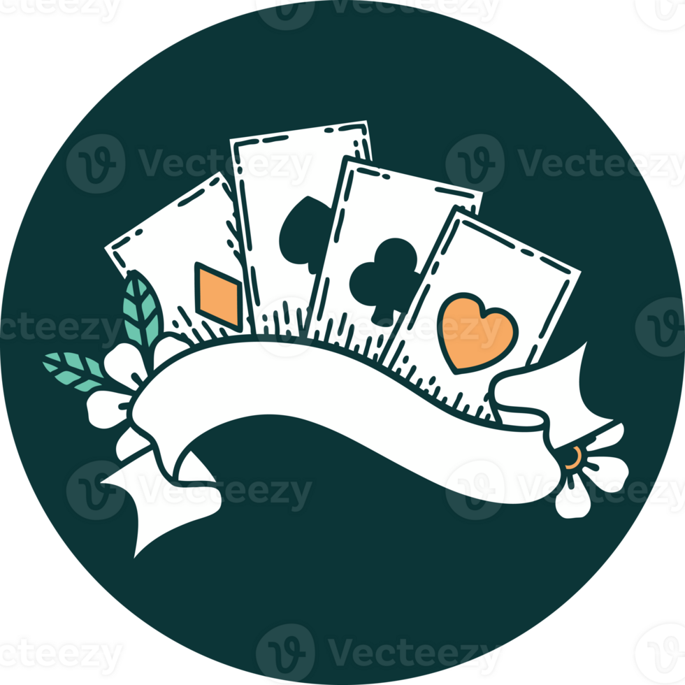 iconic tattoo style image of cards and banner png