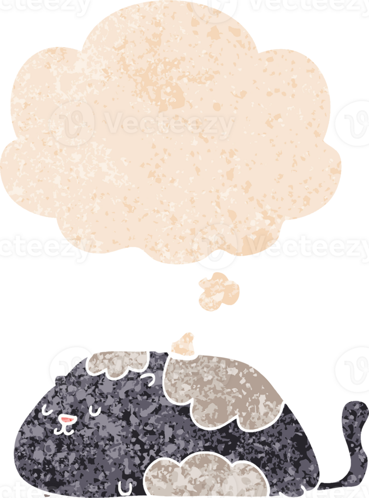 cartoon cat with thought bubble in grunge distressed retro textured style png