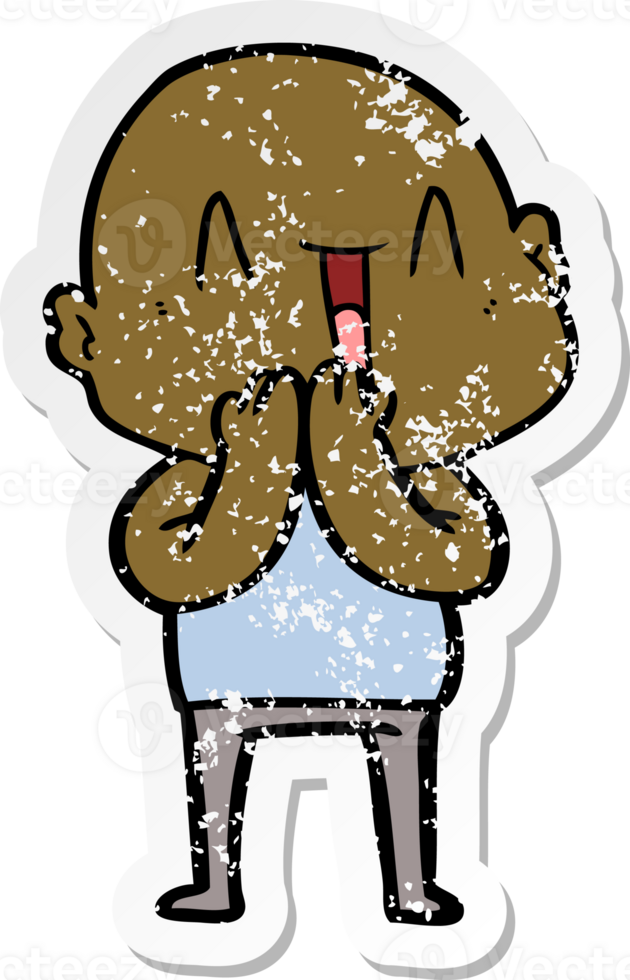 distressed sticker of a happy cartoon bald man png