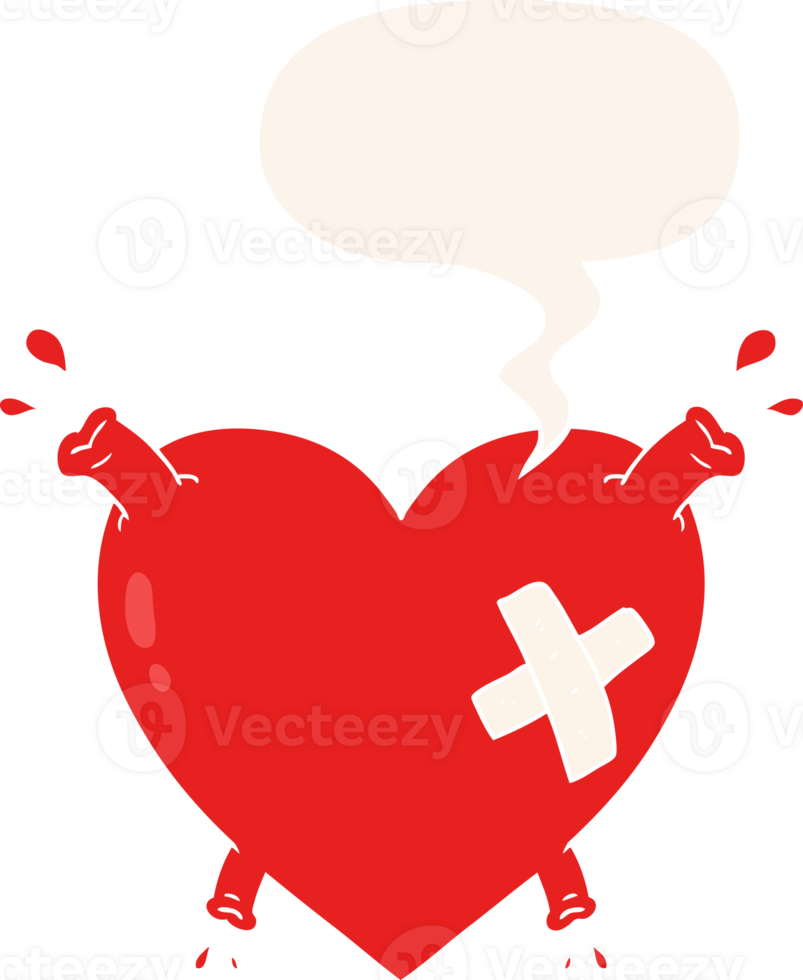 cartoon heart squirting blood with speech bubble in retro style png