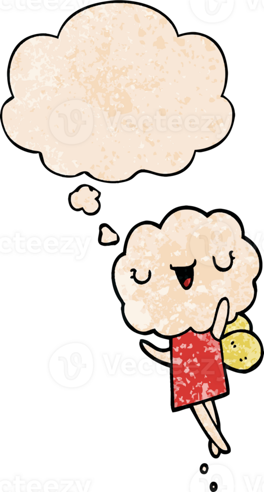 cute cartoon cloud head creature with thought bubble in grunge texture style png