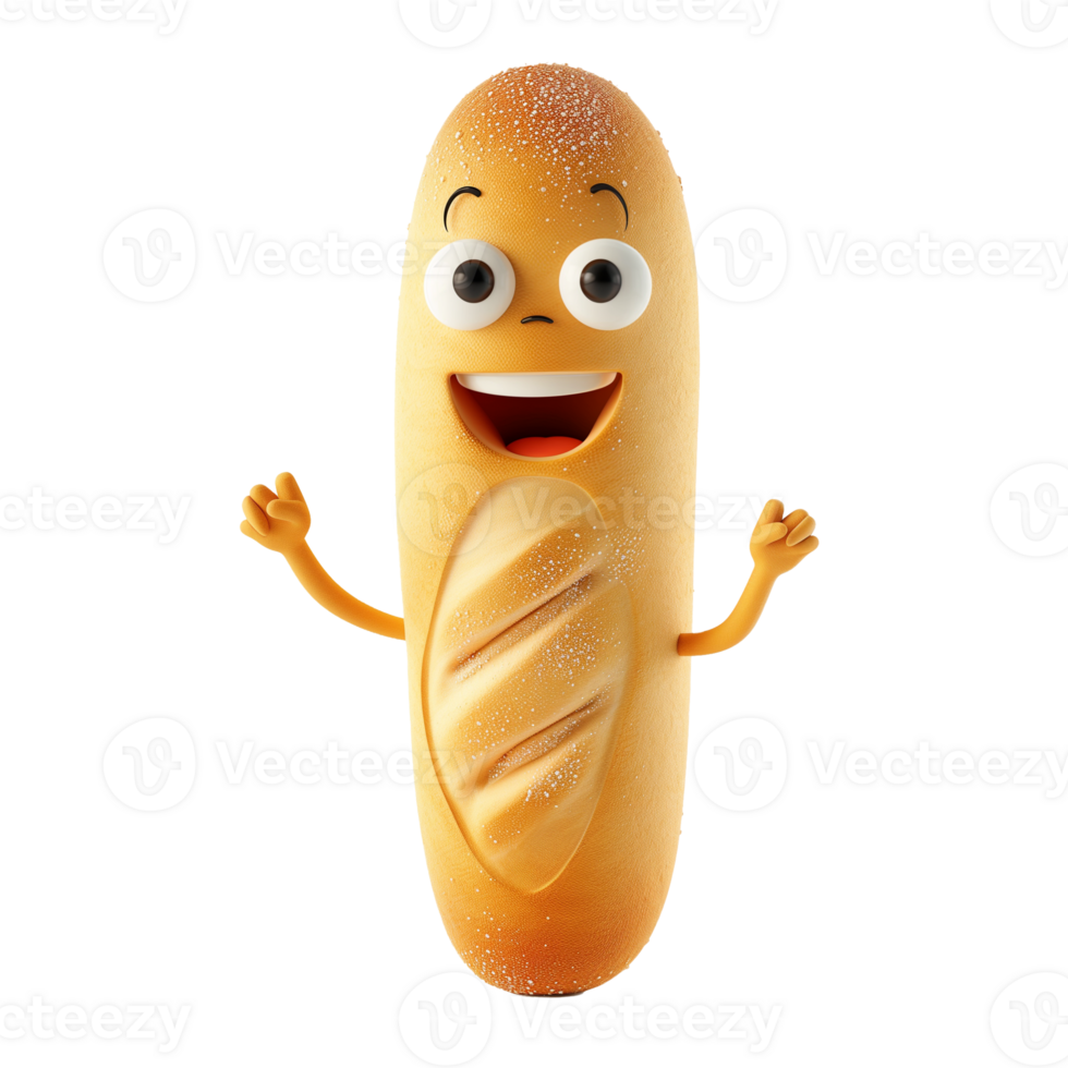 Animated happy baguette character with face and hands, isolated on a transparent background, perfect for bakery or food themed designs and projects png