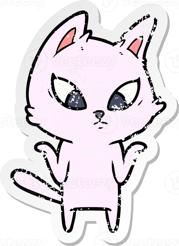 distressed sticker of a confused cartoon cat shrugging shoulders png