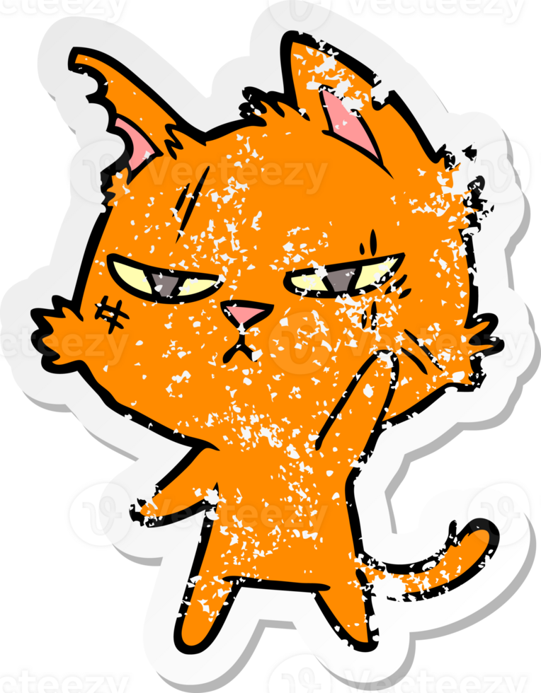 distressed sticker of a tough cartoon cat png