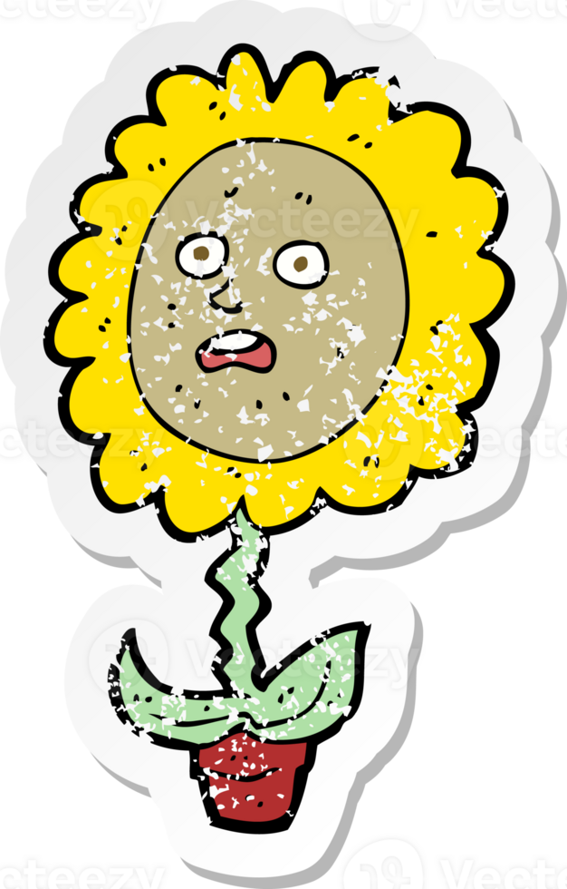 retro distressed sticker of a cartoon flower with face png