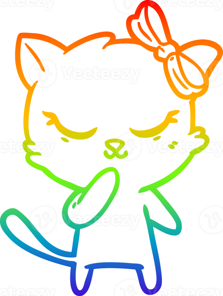 rainbow gradient line drawing of a cute cartoon cat with bow png