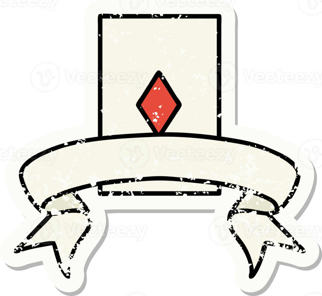 worn old sticker with banner of the ace of diamonds png