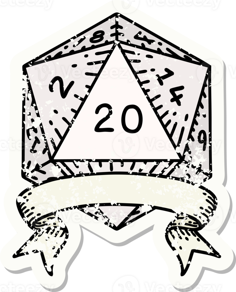 grunge sticker of a natural 20 critical hit D20 dice roll png