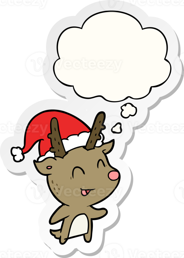 cartoon christmas reindeer with thought bubble as a printed sticker png