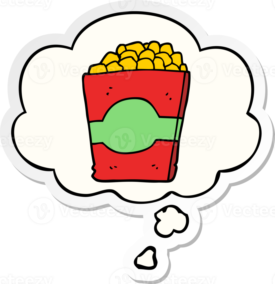 cartoon popcorn with thought bubble as a printed sticker png