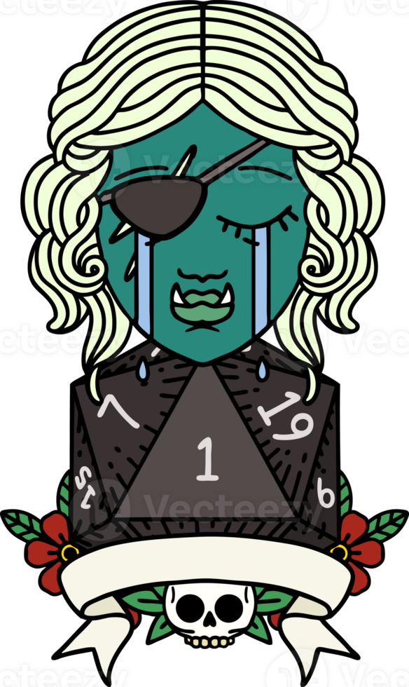 Retro Tattoo Style crying orc rogue character with natural one roll png