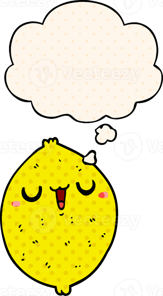 cartoon happy lemon with thought bubble in comic book style png