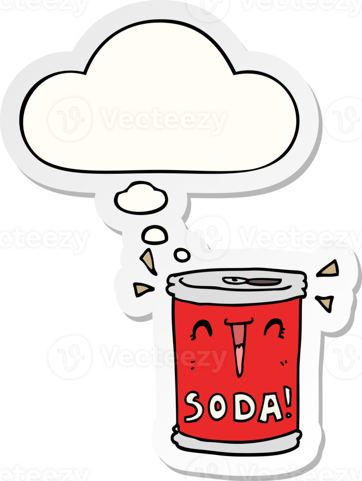 cartoon soda can with thought bubble as a printed sticker png