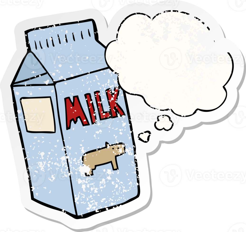 cartoon milk carton with thought bubble as a distressed worn sticker png