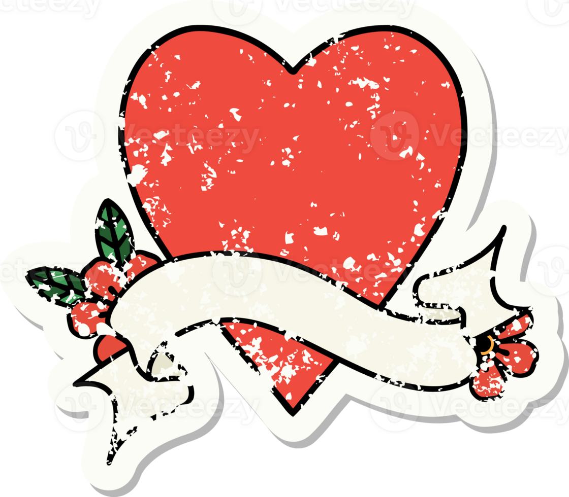 worn old sticker with banner of a heart png