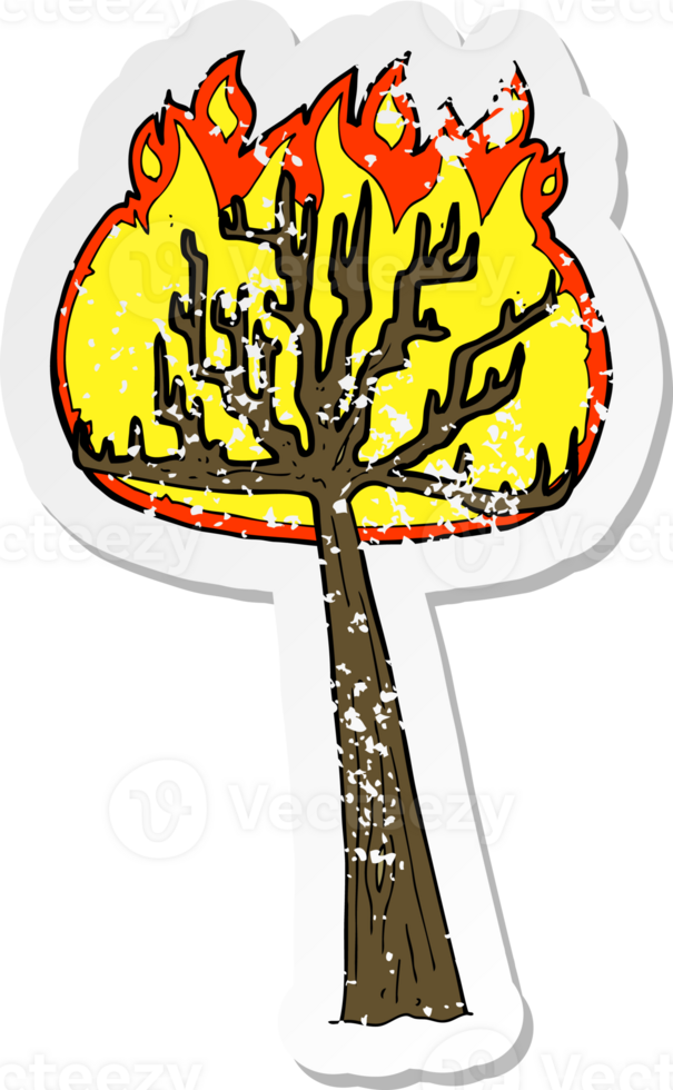 retro distressed sticker of a cartoon burning tree png