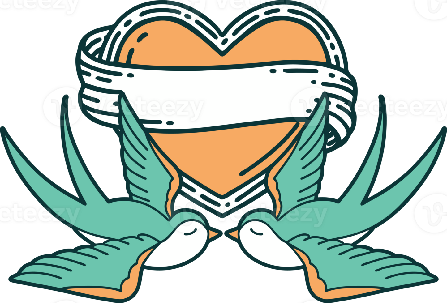 iconic tattoo style image of swallows and a heart with banner png