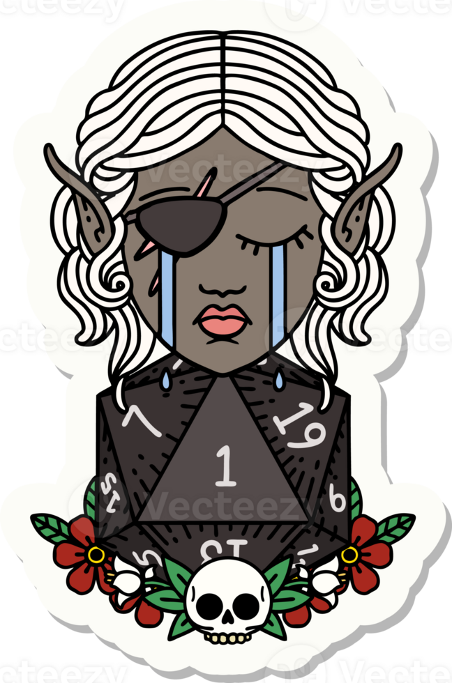 sticker of a crying elf rogue character face with natural one D20 roll png