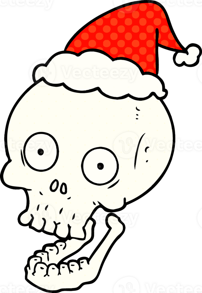 hand drawn comic book style illustration of a skull wearing santa hat png