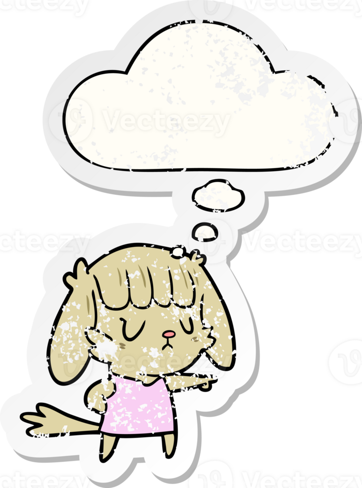 cartoon dog girl pointing with thought bubble as a distressed worn sticker png