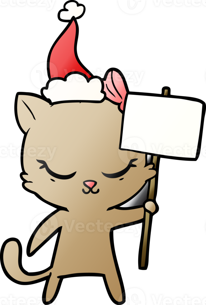 cute hand drawn gradient cartoon of a cat with sign wearing santa hat png
