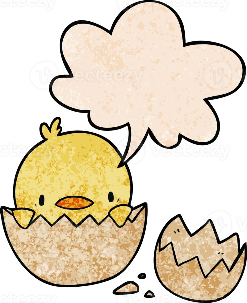 cute cartoon chick hatching from egg with speech bubble in retro texture style png