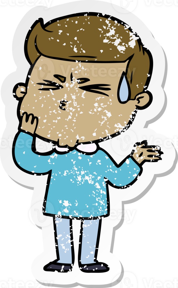 distressed sticker of a cartoon man sweating png