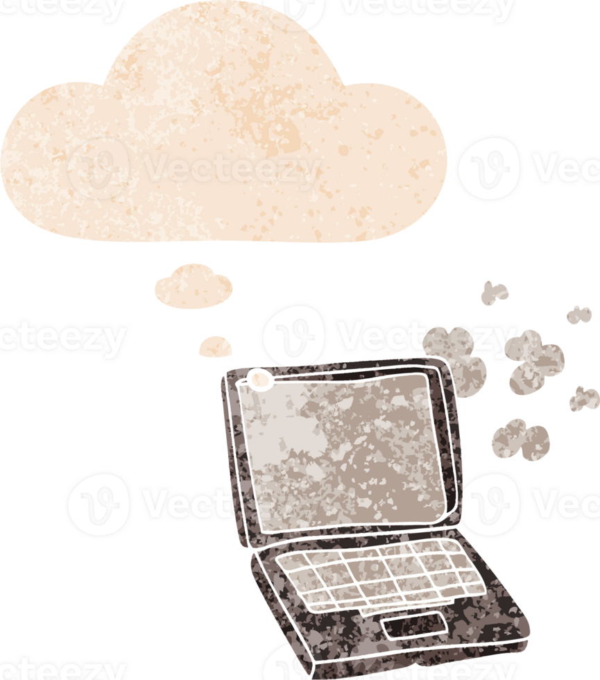 cartoon laptop computer with thought bubble in grunge distressed retro textured style png