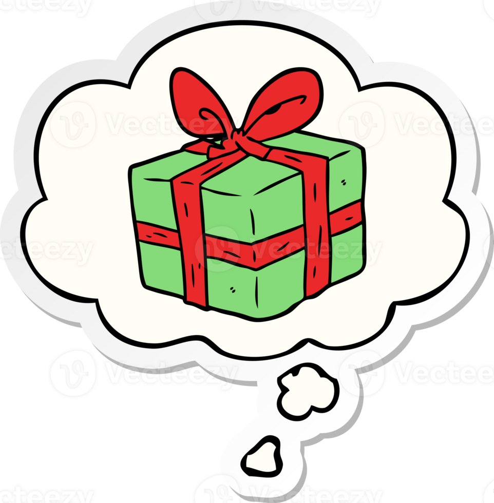 cartoon wrapped gift with thought bubble as a printed sticker png