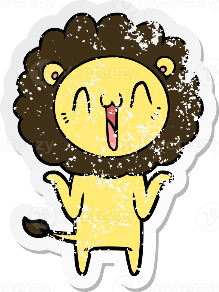 distressed sticker of a happy cartoon lion png