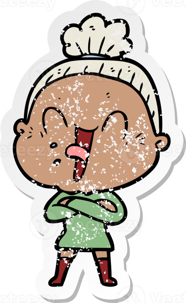distressed sticker of a cartoon happy old woman png