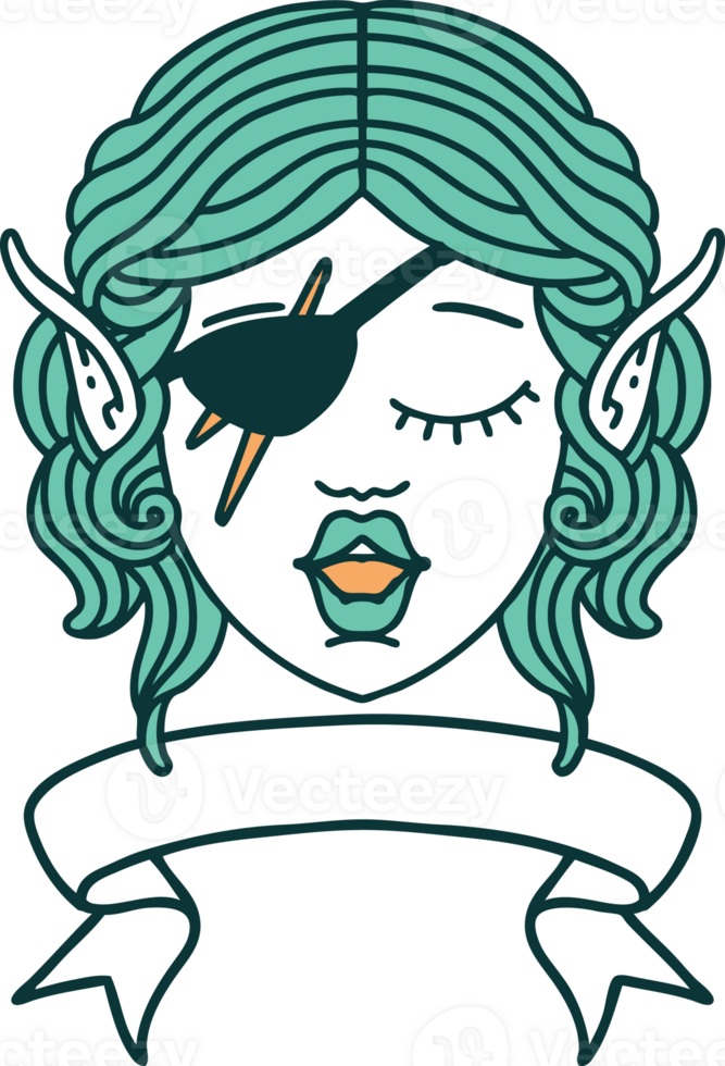 Retro Tattoo Style elf rogue character face with banner png