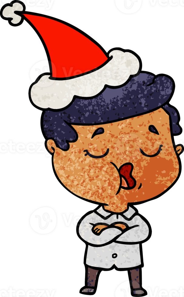 hand drawn textured cartoon of a man talking wearing santa hat png