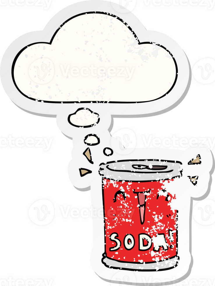 cartoon soda can with thought bubble as a distressed worn sticker png