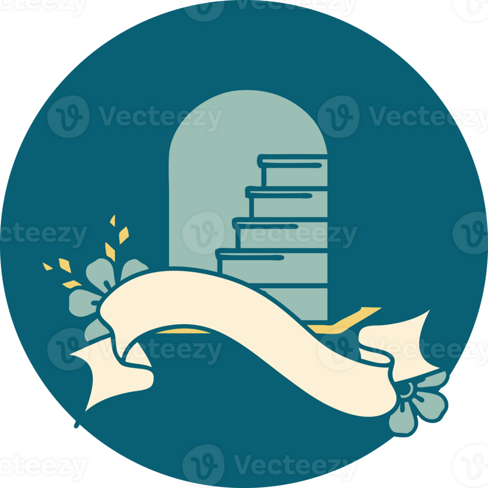 tattoo style icon with banner of a grave stone png