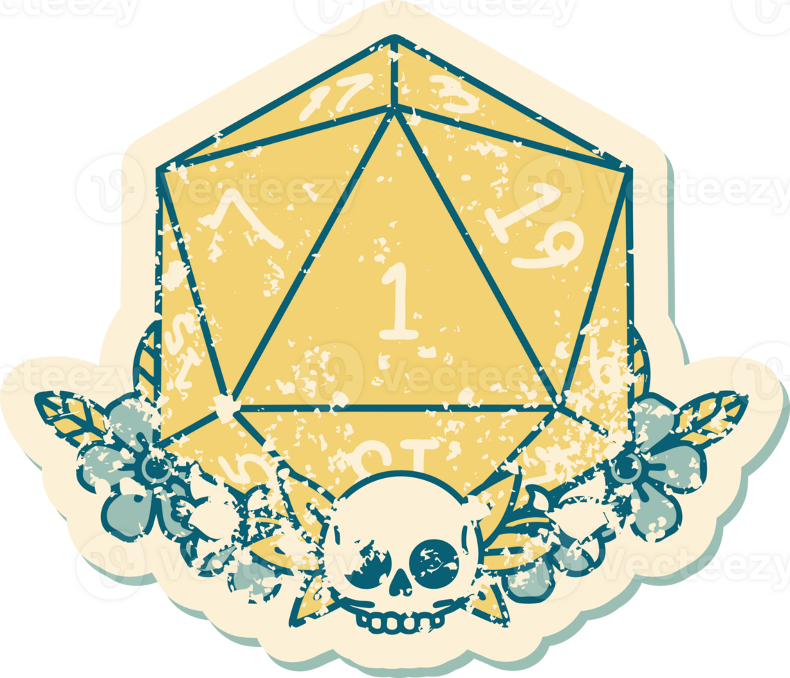 Retro Tattoo Style natural one dice roll with floral elements png