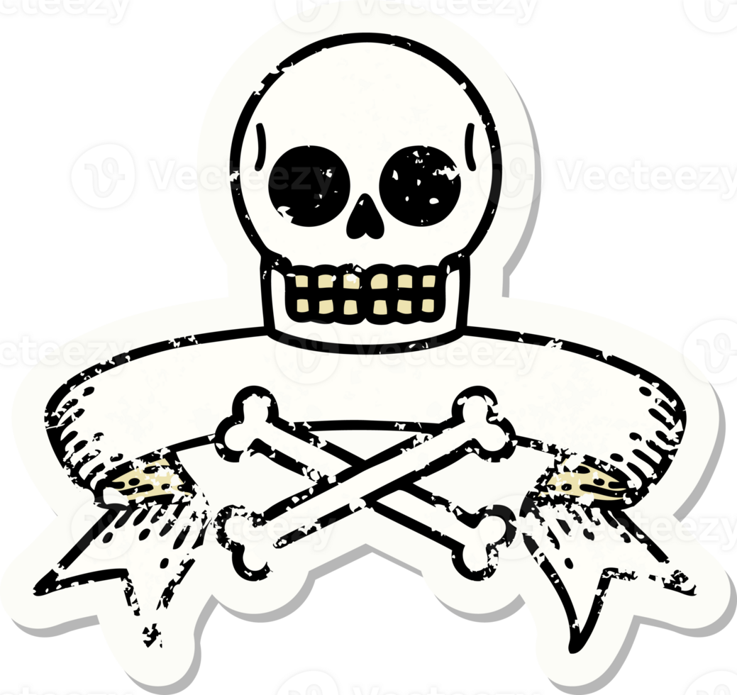 worn old sticker with banner of a skull png