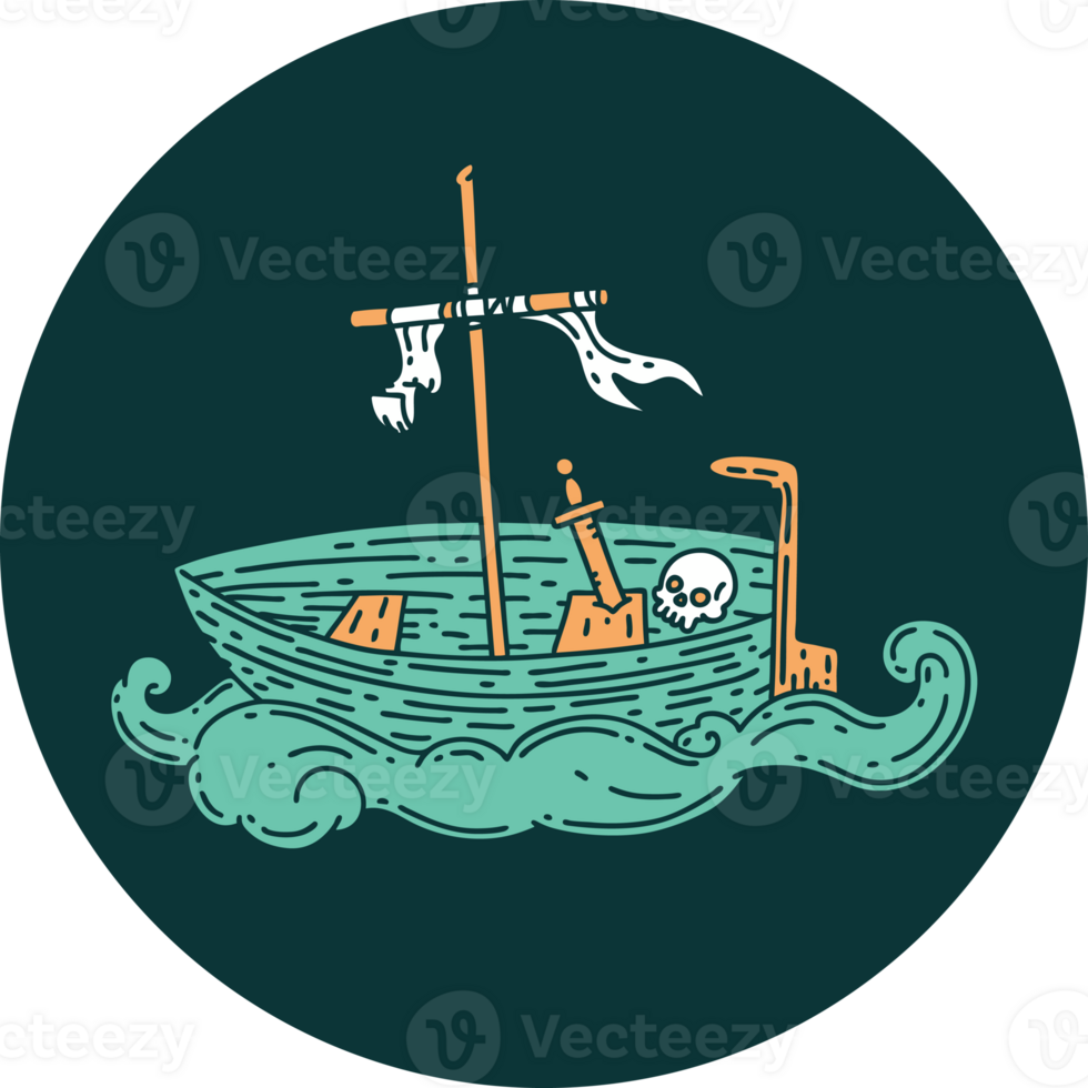 icon of a tattoo style empty boat with skull png