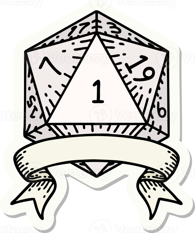 sticker of a natural one d20 dice roll png
