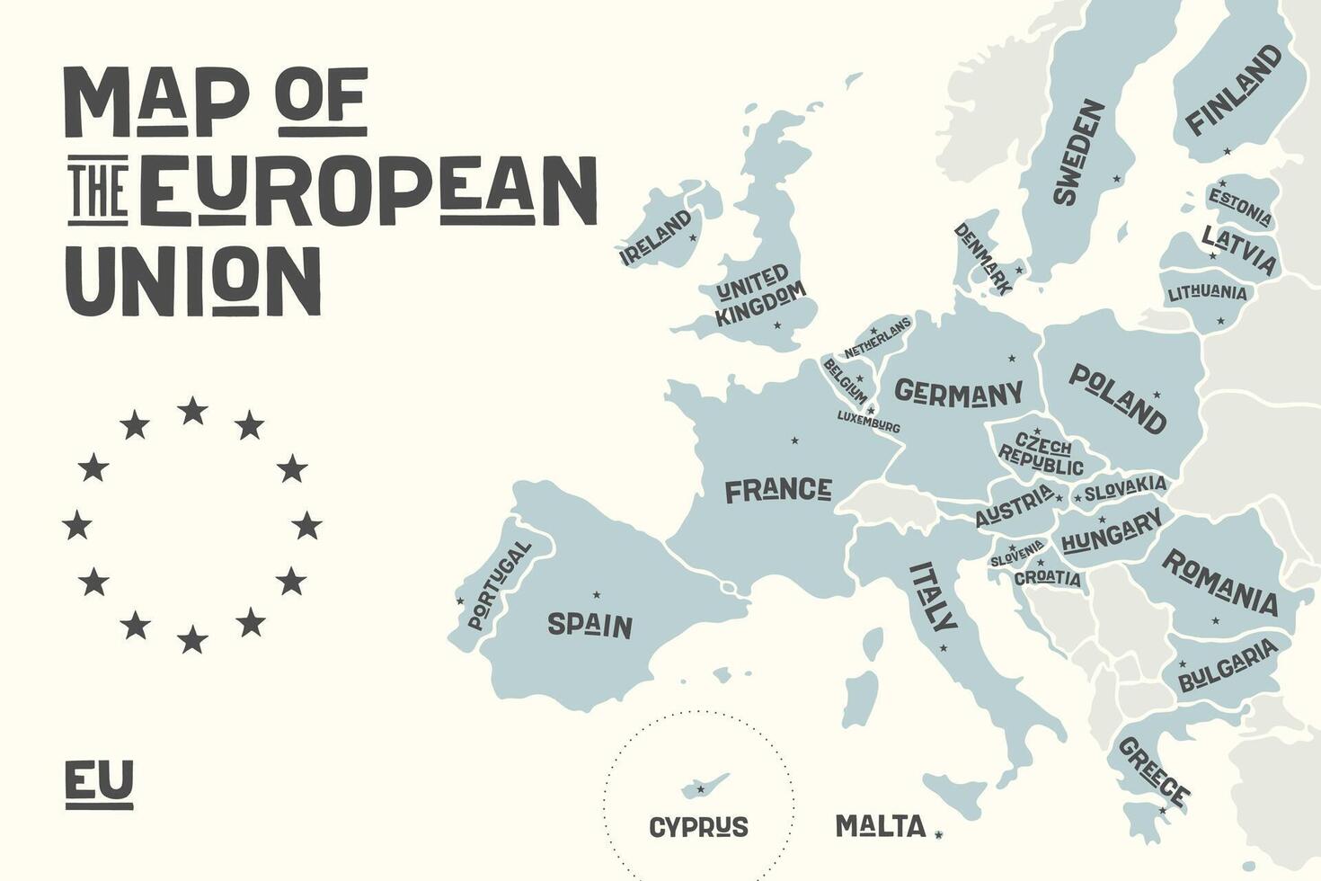 póster mapa de el europeo Unión con país nombres vector