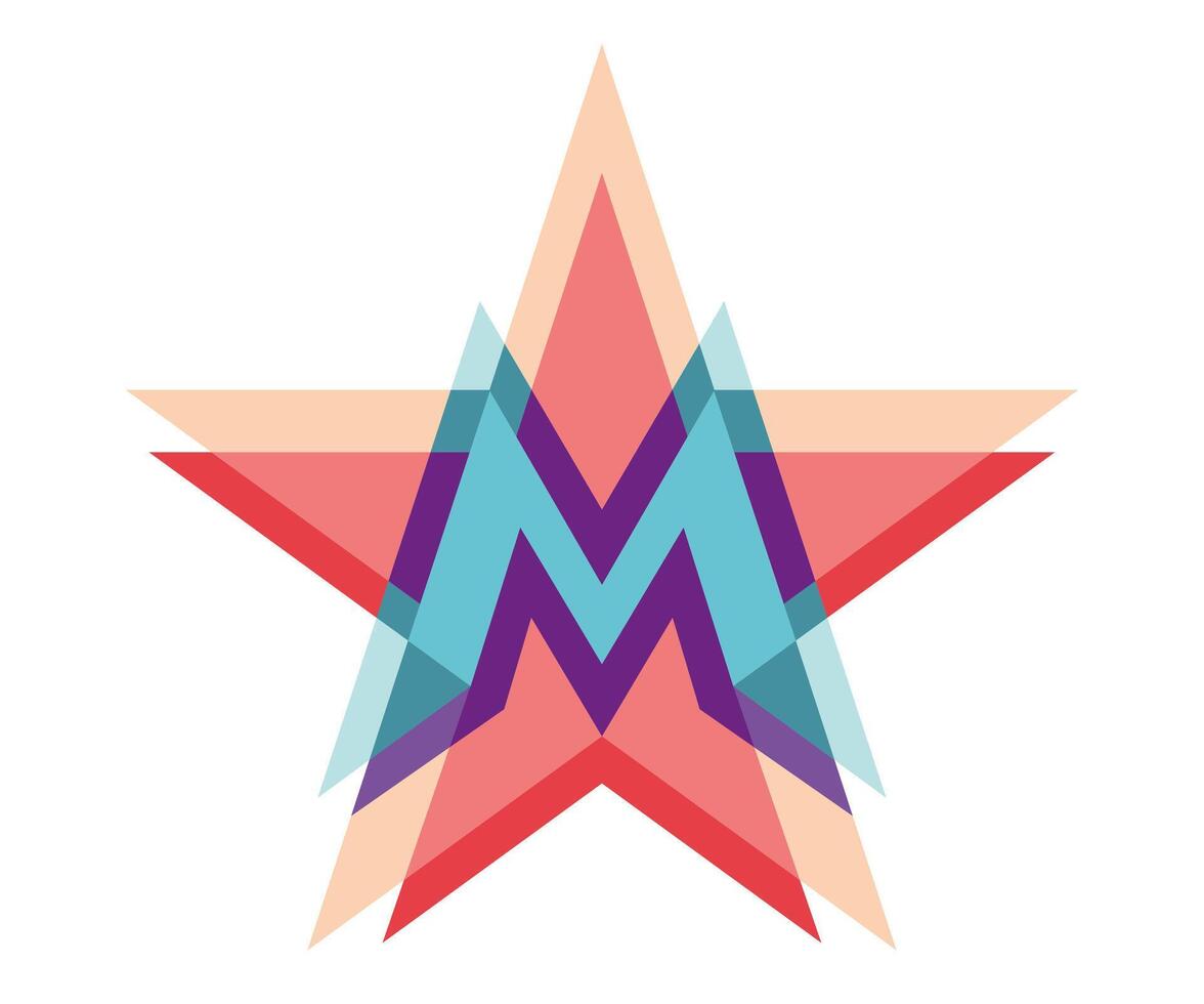 Five-point star logo with letter M. illustration. vector