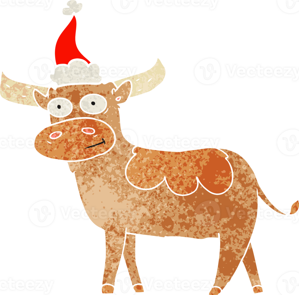 hand drawn retro cartoon of a bull wearing santa hat png