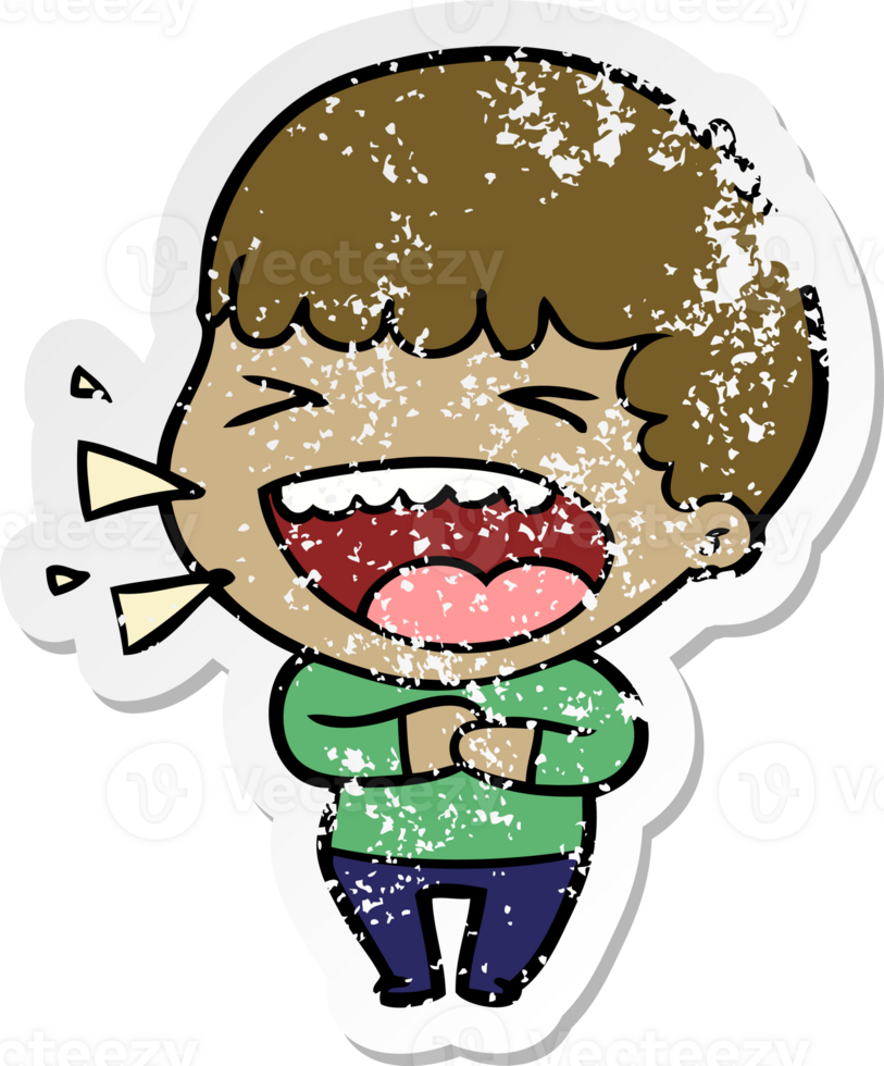 distressed sticker of a cartoon laughing man png