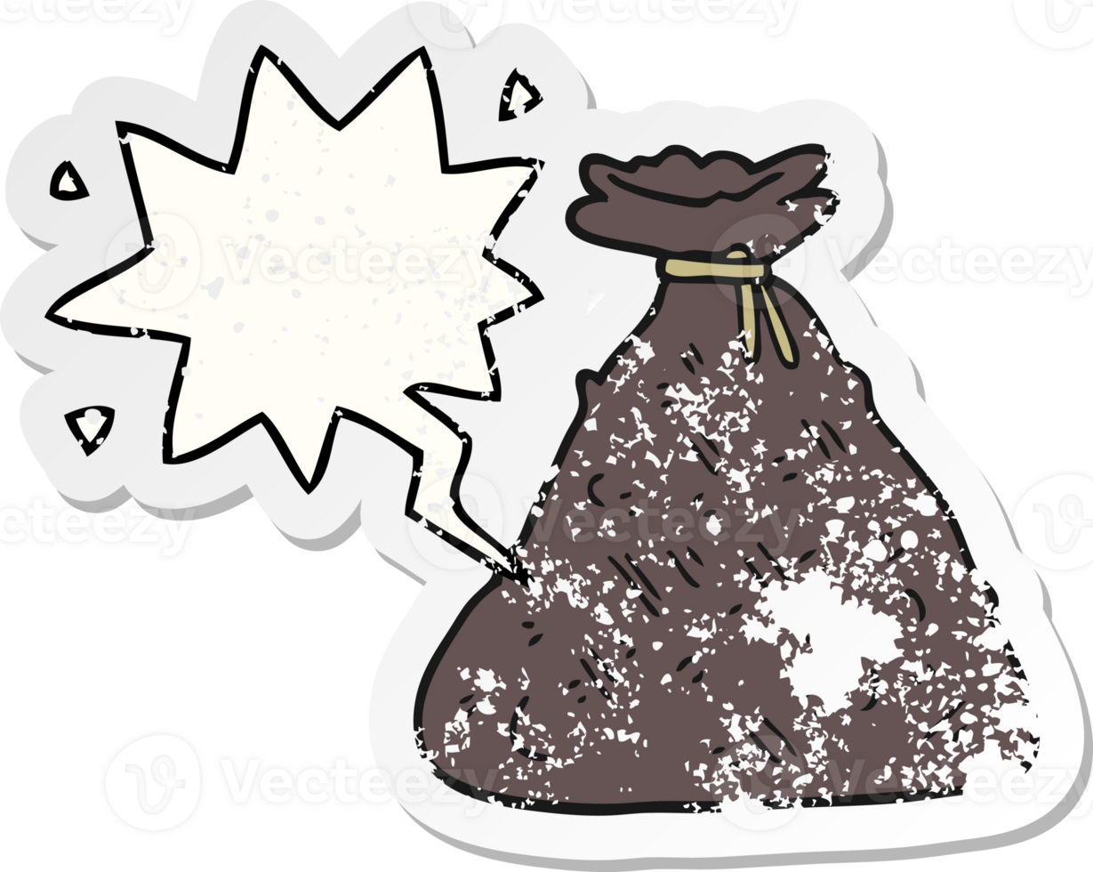 cartoon old hessian sack with speech bubble distressed distressed old sticker png
