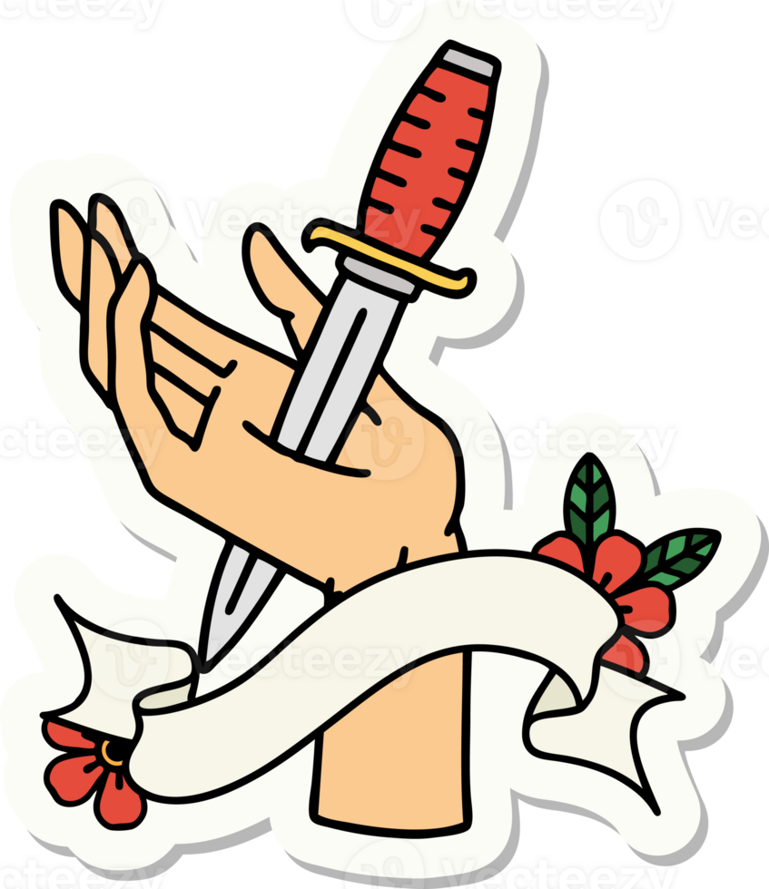 tattoo style sticker with banner of a dagger in the hand png