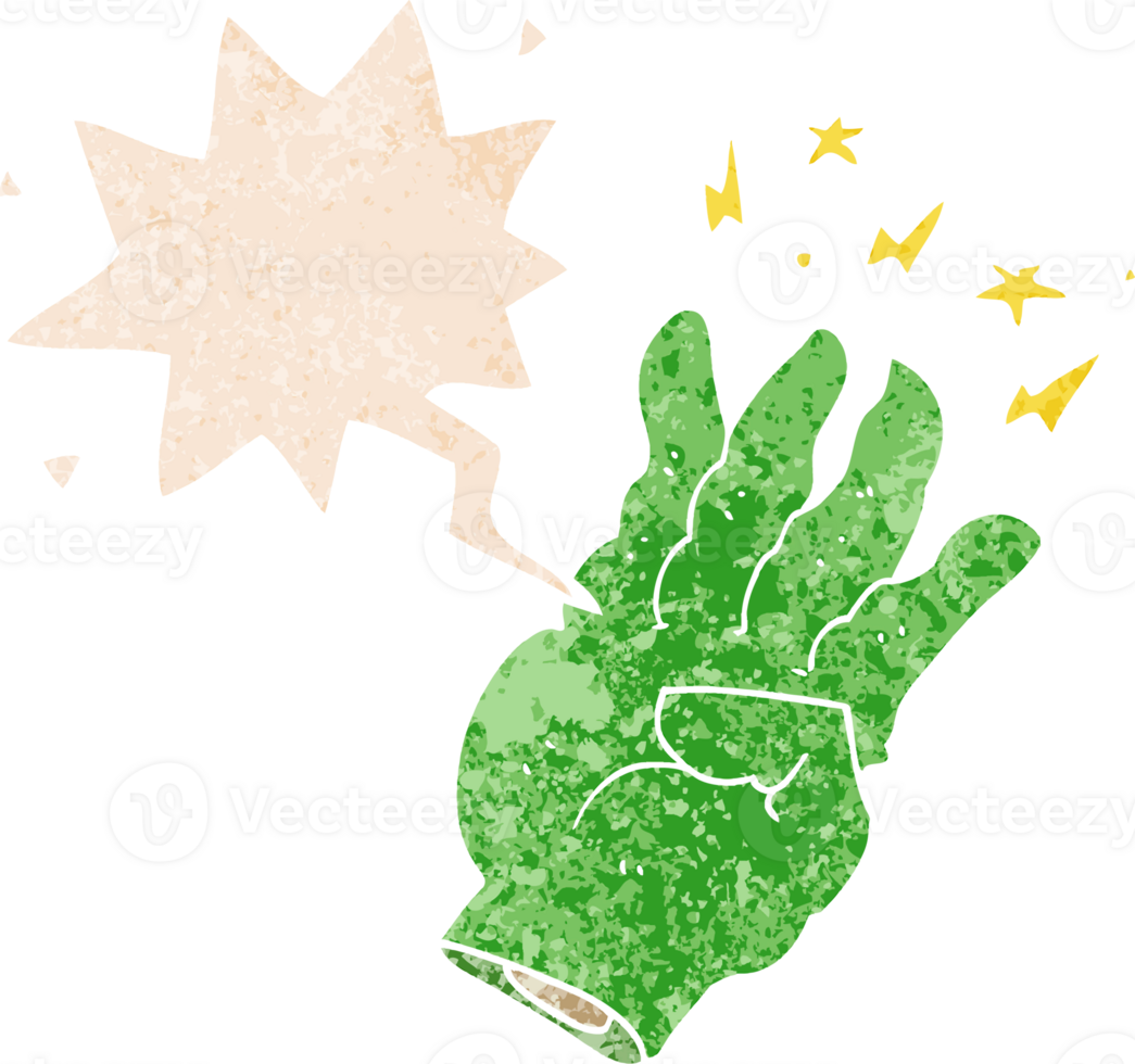 cartoon spooky magic hand with speech bubble in grunge distressed retro textured style png