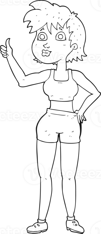 hand drawn black and white cartoon happy gym woman png