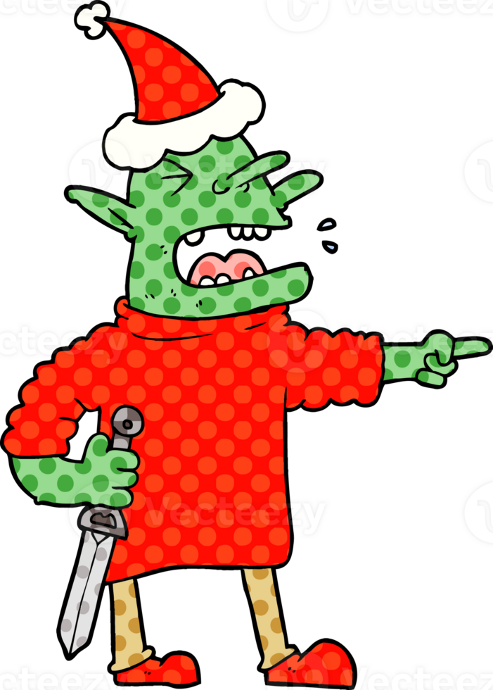 hand drawn comic book style illustration of a goblin with knife wearing santa hat png