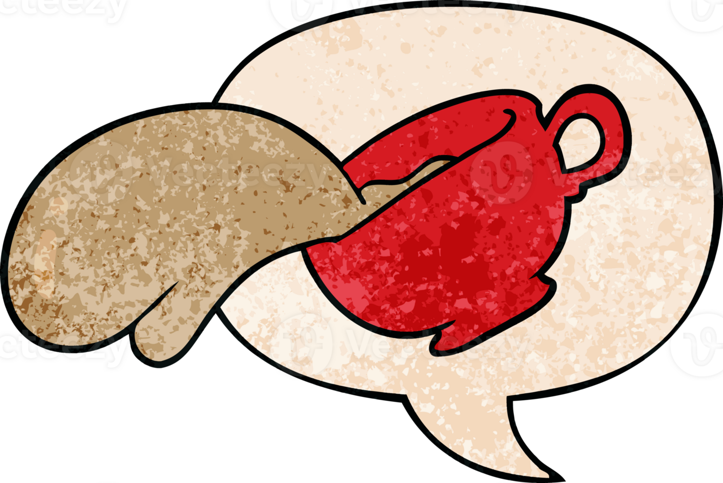 cartoon mug of coffee with speech bubble in retro texture style png
