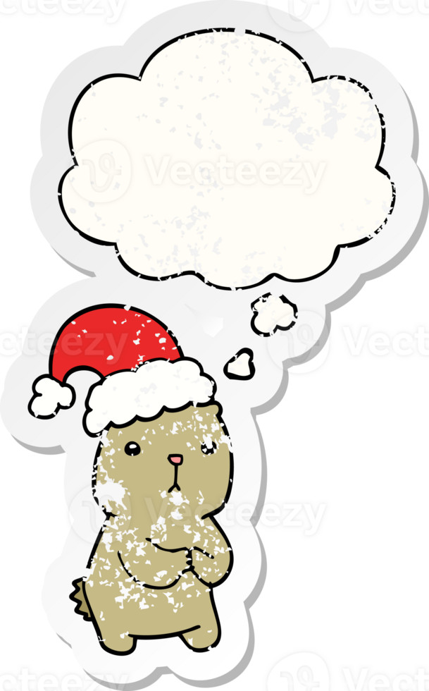 cartoon christmas bear worrying with thought bubble as a distressed worn sticker png